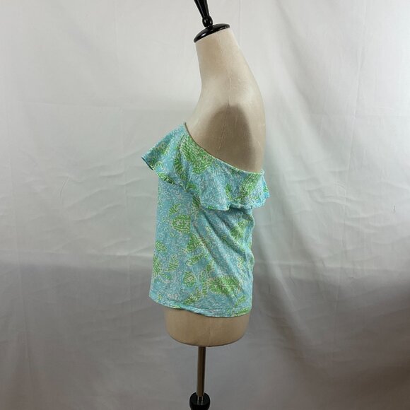 Lilly Pulitzer Wiley Ruffle Top S Blue Green White Print Strapless - Picture 5 of 8